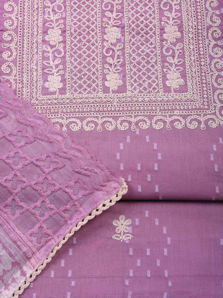 Mauve Embroidered Cotton Blend Unstitched Suit &amp; Pant With Cotton Dupatta