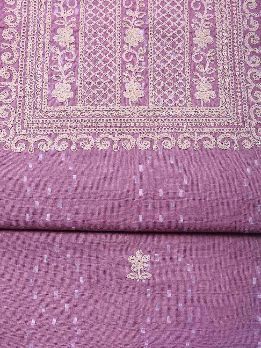 Mauve Embroidered Cotton Blend Unstitched Suit &amp; Pant With Cotton Dupatta