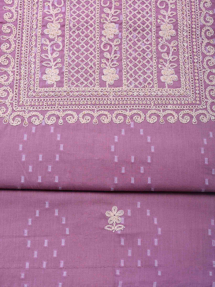 Mauve Embroidered Cotton Blend Unstitched Suit &amp; Pant With Cotton Dupatta