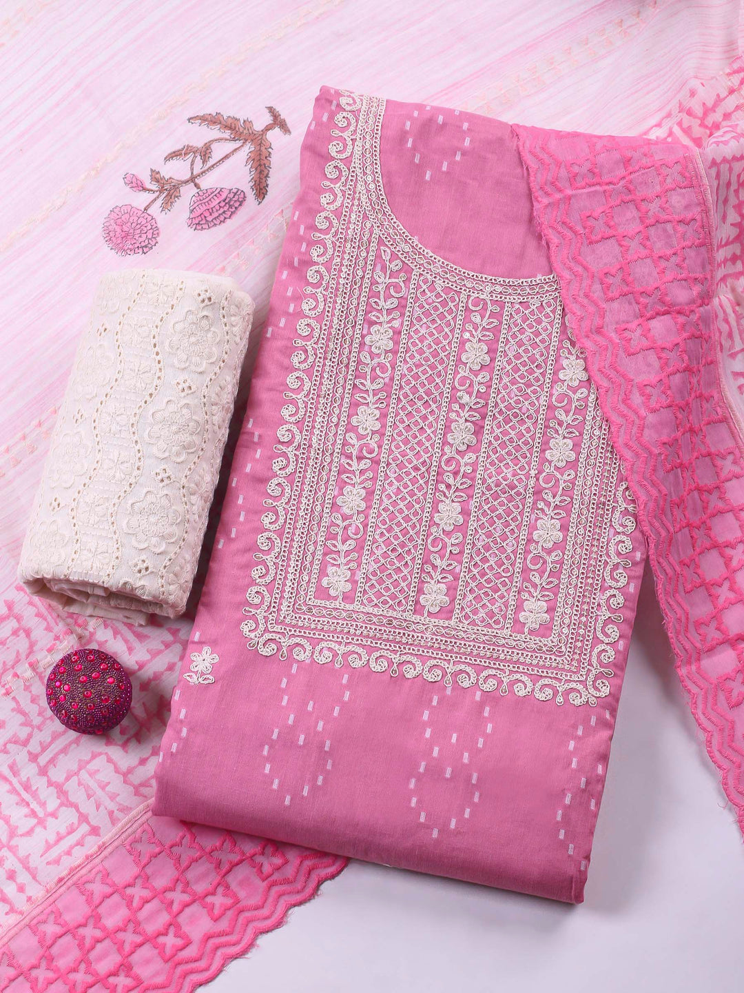 Pink Embroidered Cotton Blend Unstitched Suit &amp; Pant With Cotton Dupatta
