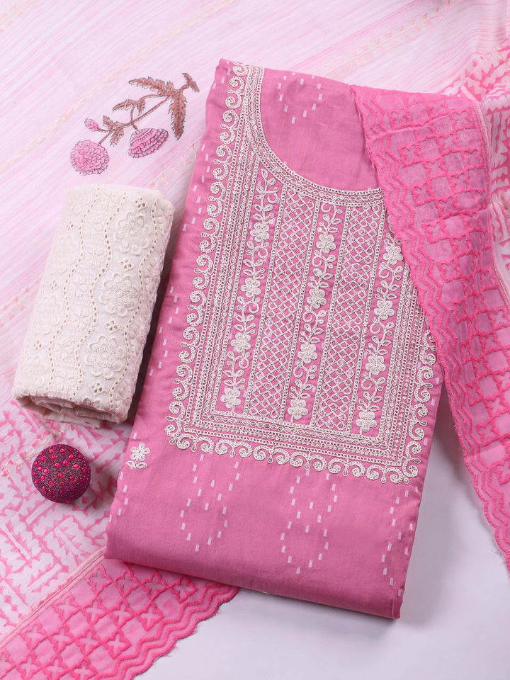 Pink Embroidered Cotton Blend Unstitched Suit &amp; Pant With Cotton Dupatta