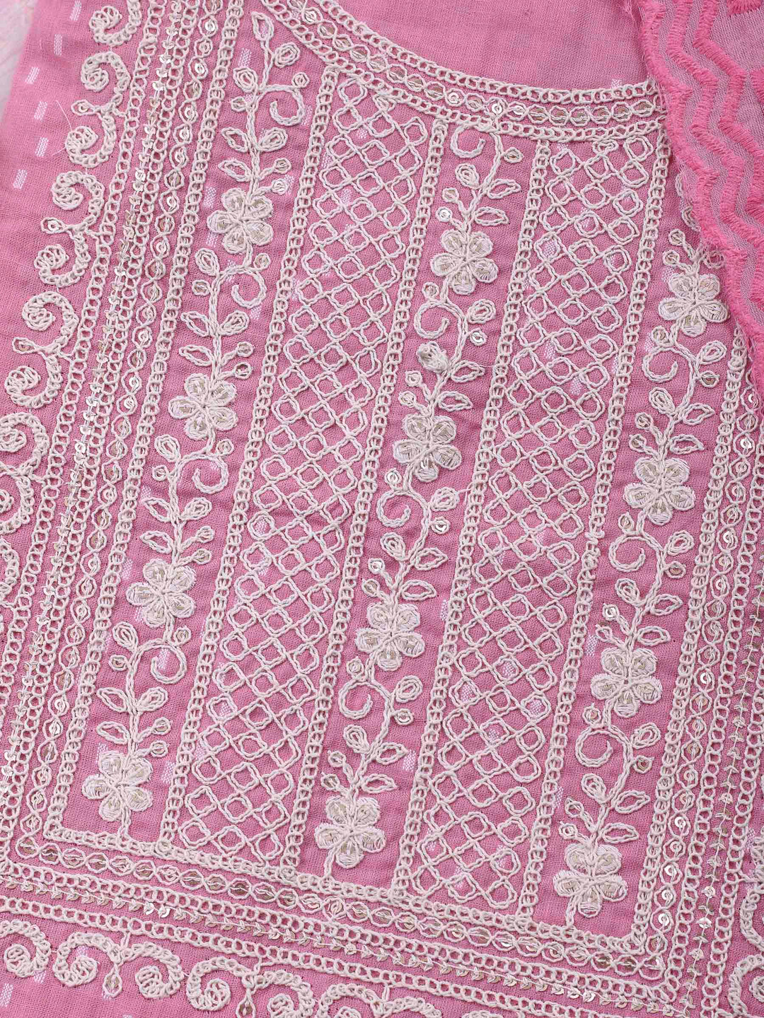 Pink Embroidered Cotton Blend Unstitched Suit &amp; Pant With Cotton Dupatta