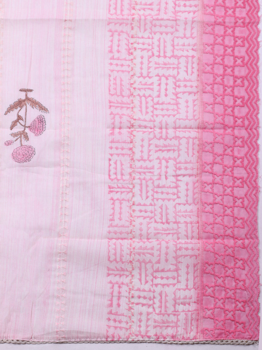 Pink Embroidered Cotton Blend Unstitched Suit &amp; Pant With Cotton Dupatta