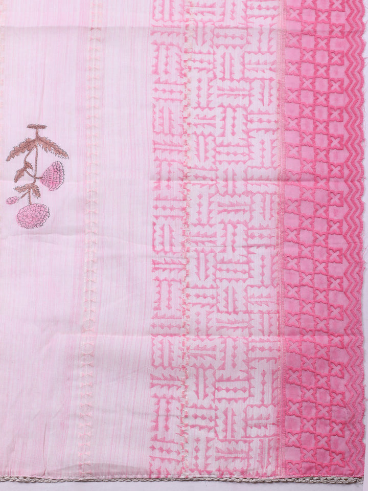 Pink Embroidered Cotton Blend Unstitched Suit &amp; Pant With Cotton Dupatta