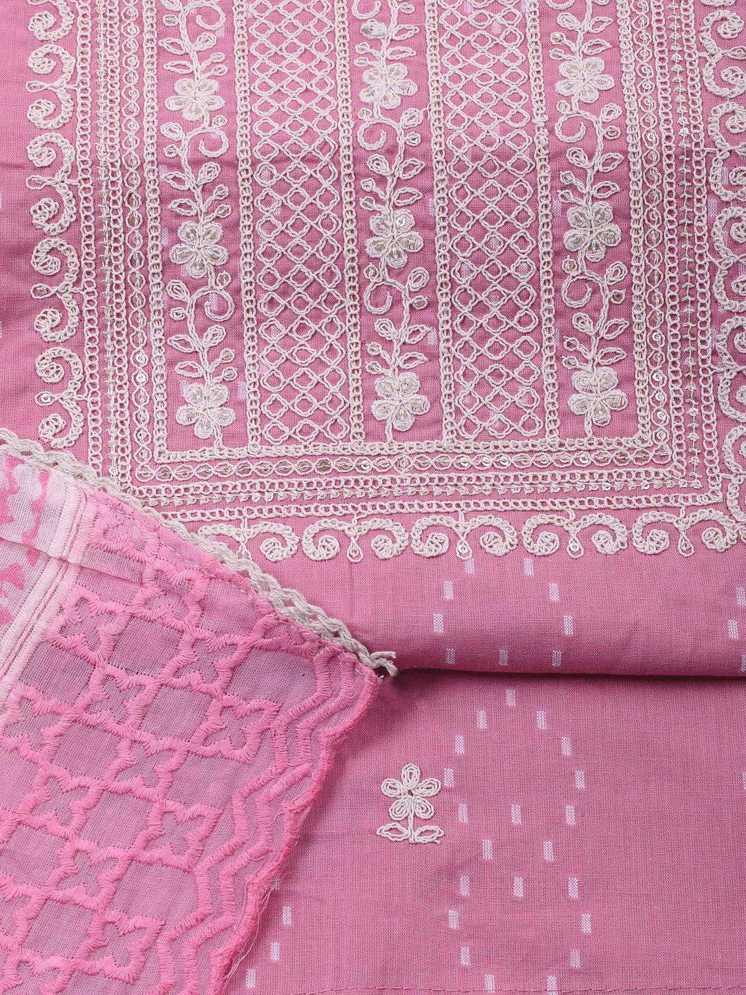 Pink Embroidered Cotton Blend Unstitched Suit &amp; Pant With Cotton Dupatta