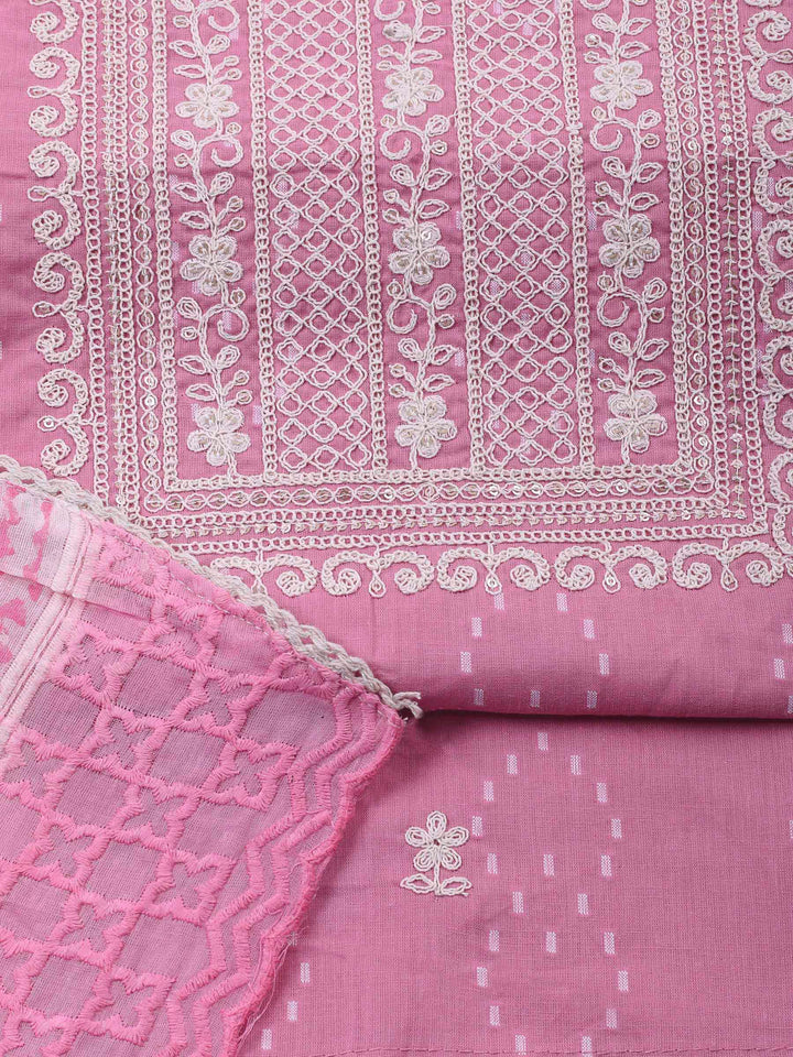 Pink Embroidered Cotton Blend Unstitched Suit &amp; Pant With Cotton Dupatta