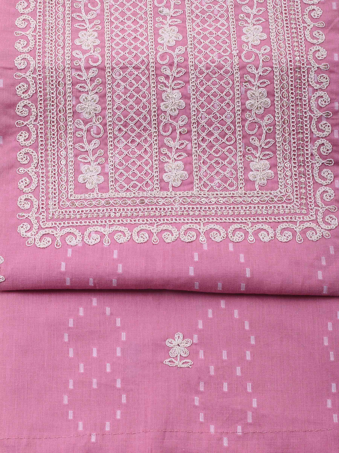 Pink Embroidered Cotton Blend Unstitched Suit &amp; Pant With Cotton Dupatta