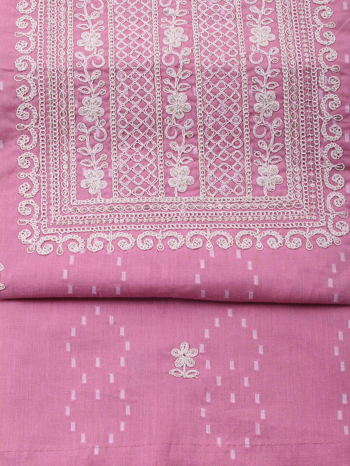 Pink Embroidered Cotton Blend Unstitched Suit &amp; Pant With Cotton Dupatta