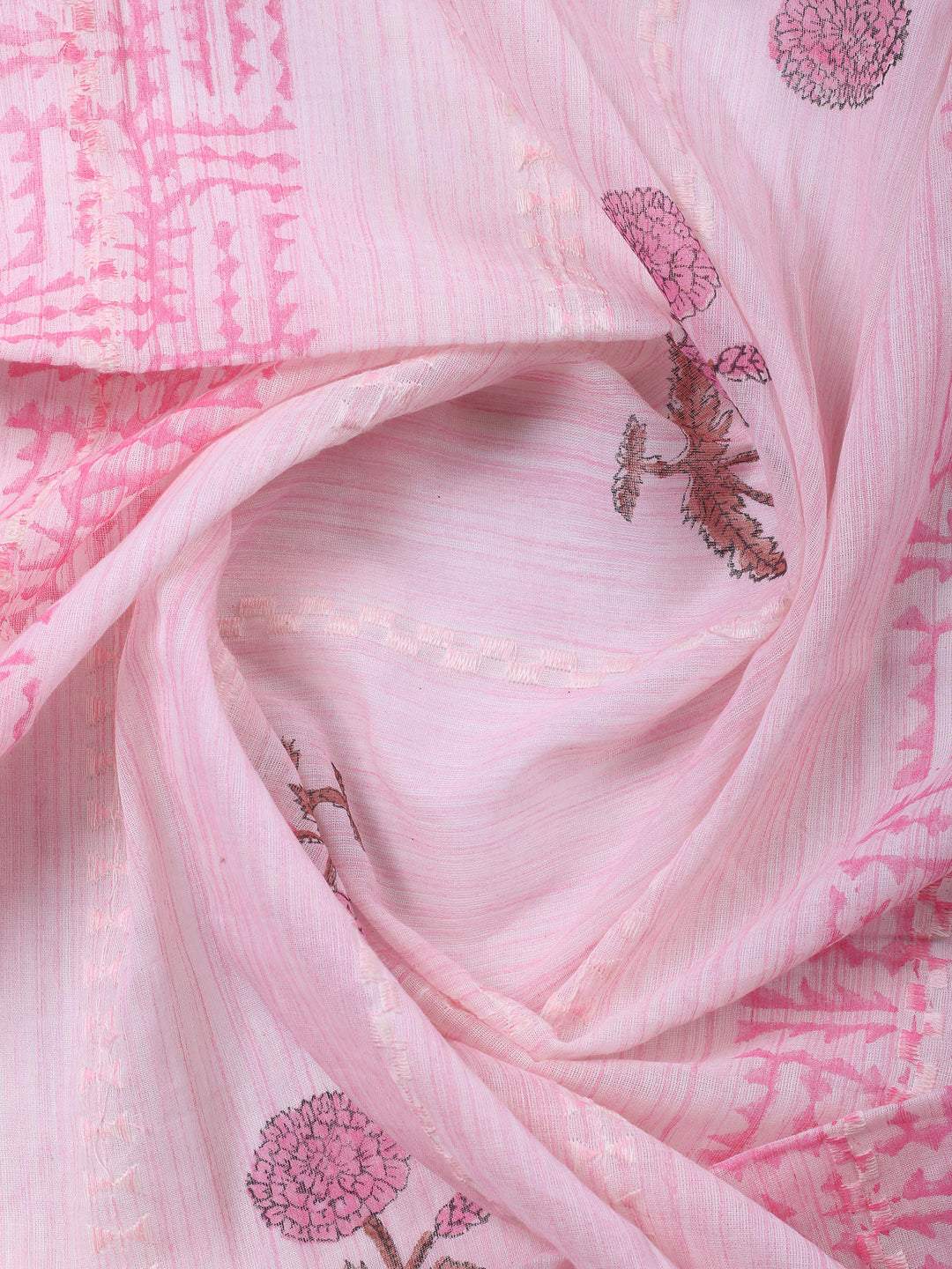 Pink Embroidered Cotton Blend Unstitched Suit &amp; Pant With Cotton Dupatta