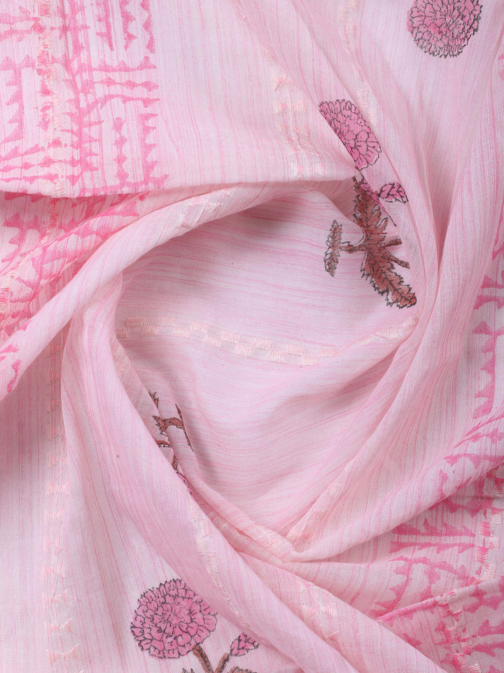Pink Embroidered Cotton Blend Unstitched Suit &amp; Pant With Cotton Dupatta