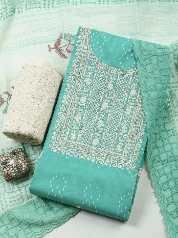 Sea Green Embroidered Cotton Blend Unstitched Suit &amp; Pant With Cotton Dupatta