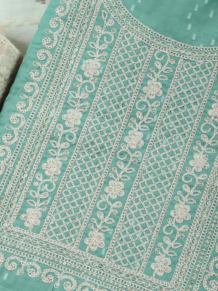 Sea Green Embroidered Cotton Blend Unstitched Suit &amp; Pant With Cotton Dupatta