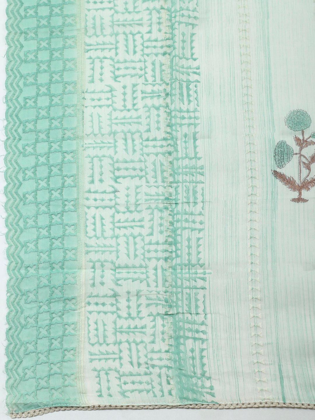 Sea Green Embroidered Cotton Blend Unstitched Suit &amp; Pant With Cotton Dupatta