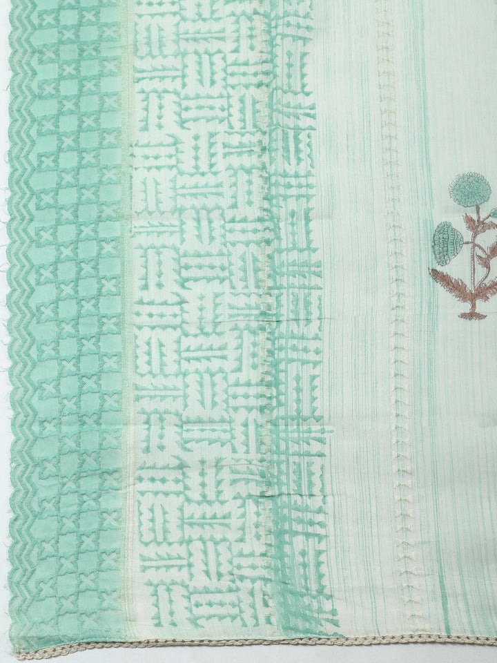 Sea Green Embroidered Cotton Blend Unstitched Suit &amp; Pant With Cotton Dupatta