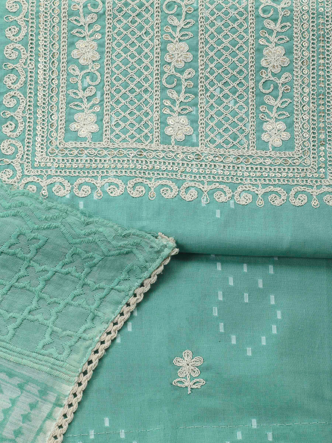 Sea Green Embroidered Cotton Blend Unstitched Suit &amp; Pant With Cotton Dupatta