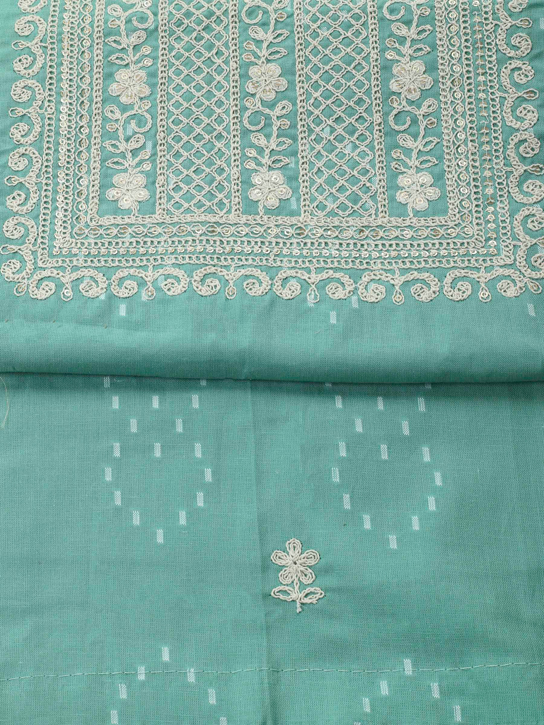 Sea Green Embroidered Cotton Blend Unstitched Suit &amp; Pant With Cotton Dupatta