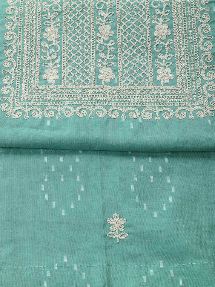 Sea Green Embroidered Cotton Blend Unstitched Suit &amp; Pant With Cotton Dupatta