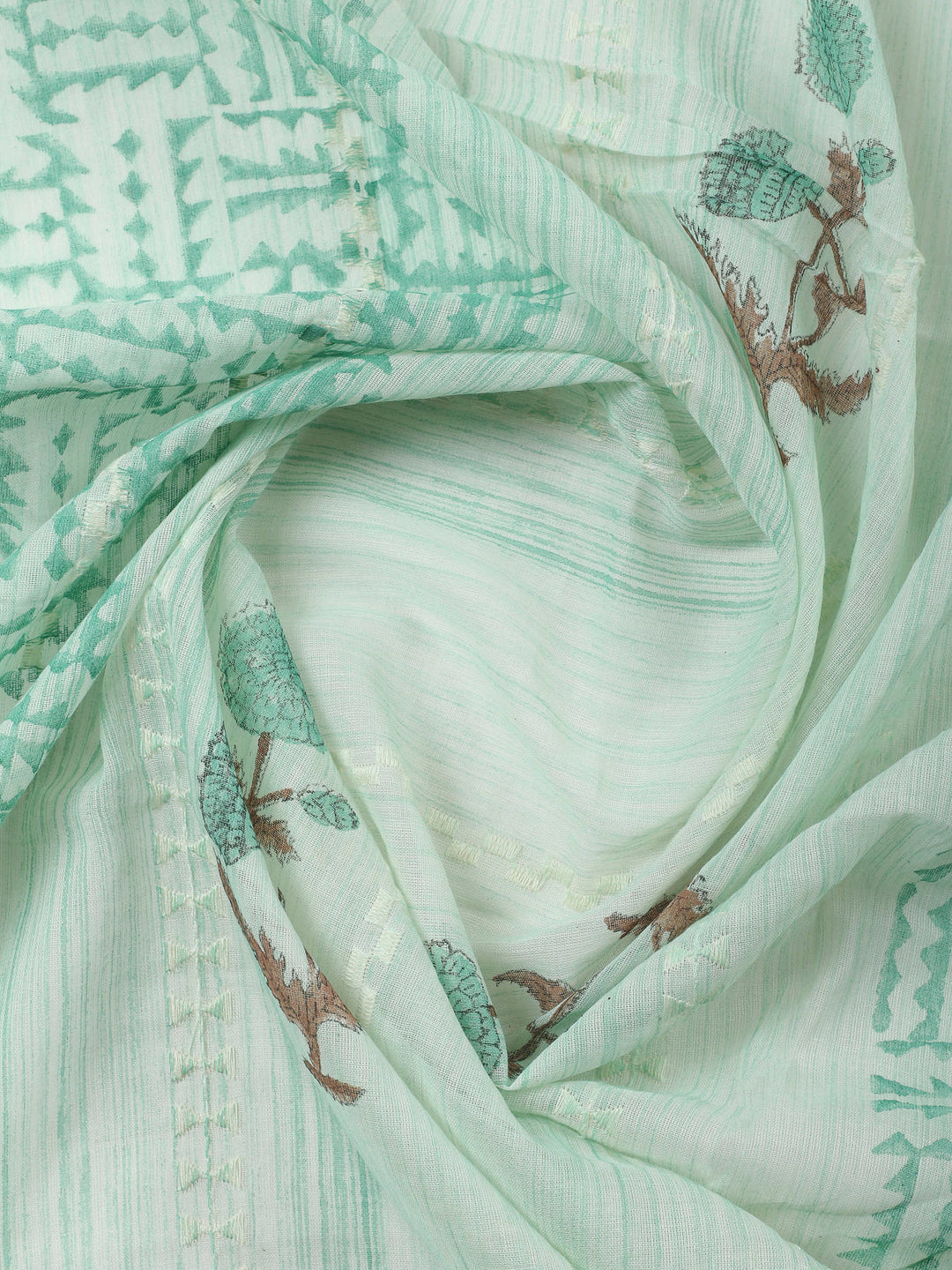 Sea Green Embroidered Cotton Blend Unstitched Suit &amp; Pant With Cotton Dupatta