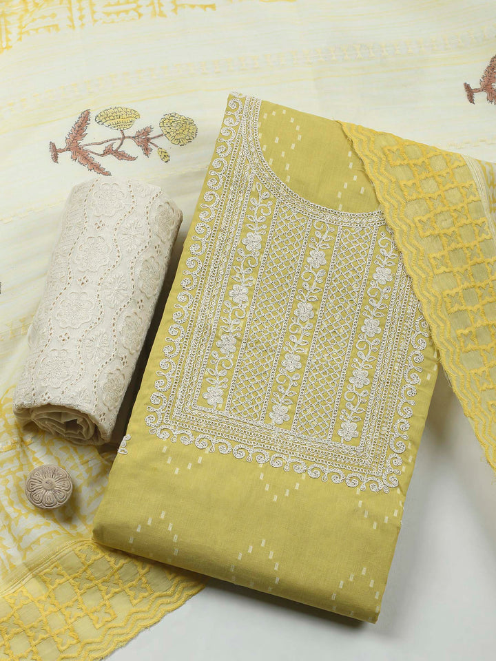 Yellow Embroidery Cotton Blend Unstitched Dress Material