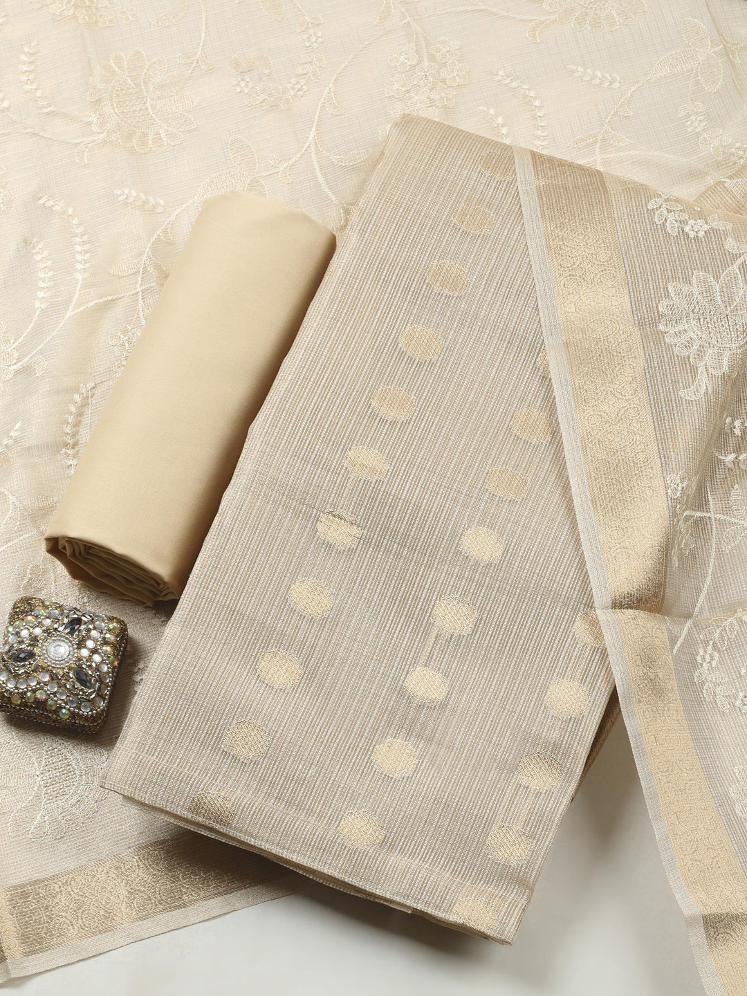 Beige Woven Design Tissue Unstitched Suit &amp; Pant With Organza Dupatta