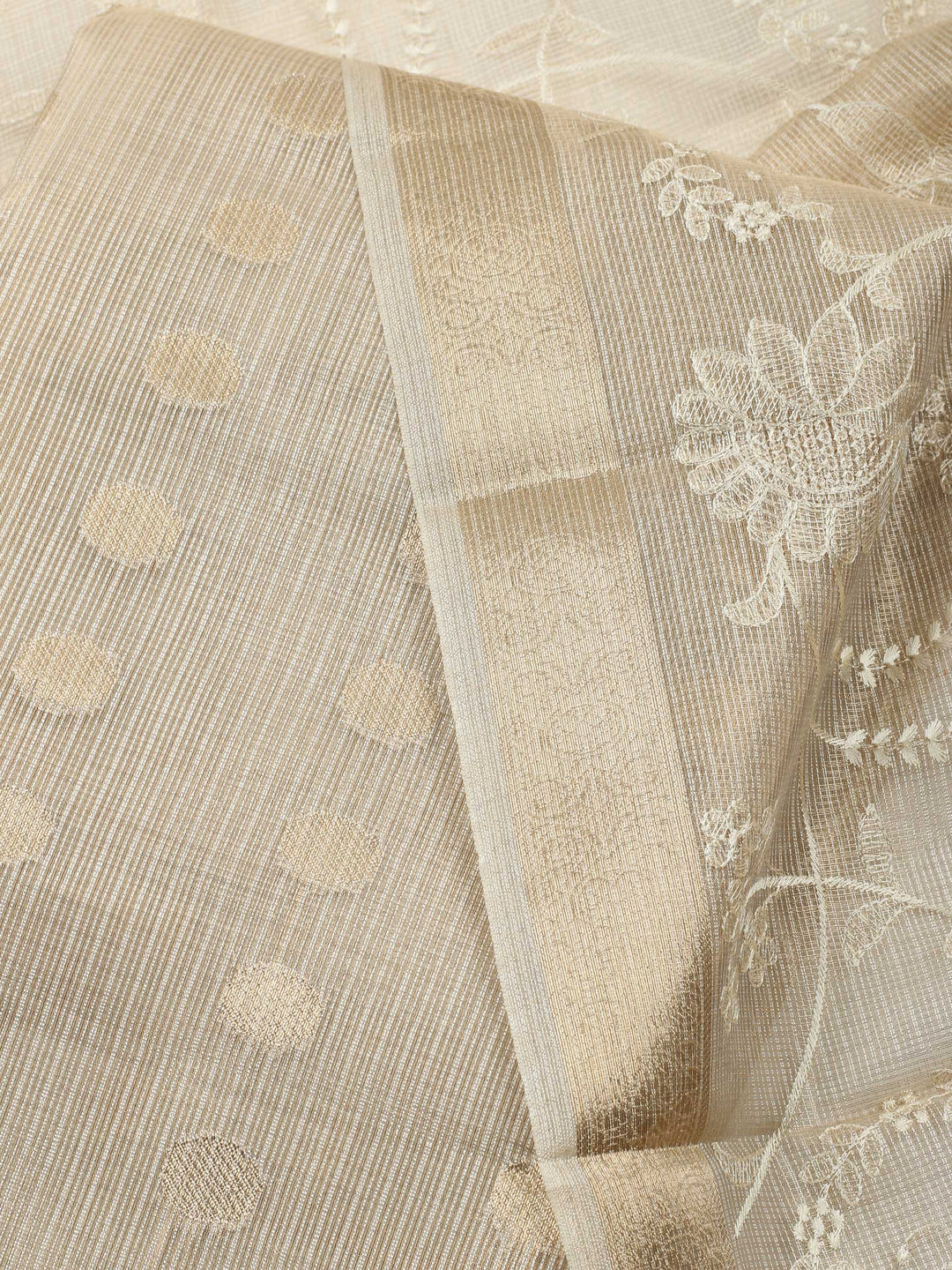 Beige Woven Design Tissue Unstitched Suit &amp; Pant With Organza Dupatta