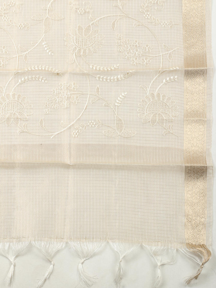 Beige Woven Design Tissue Unstitched Suit &amp; Pant With Organza Dupatta