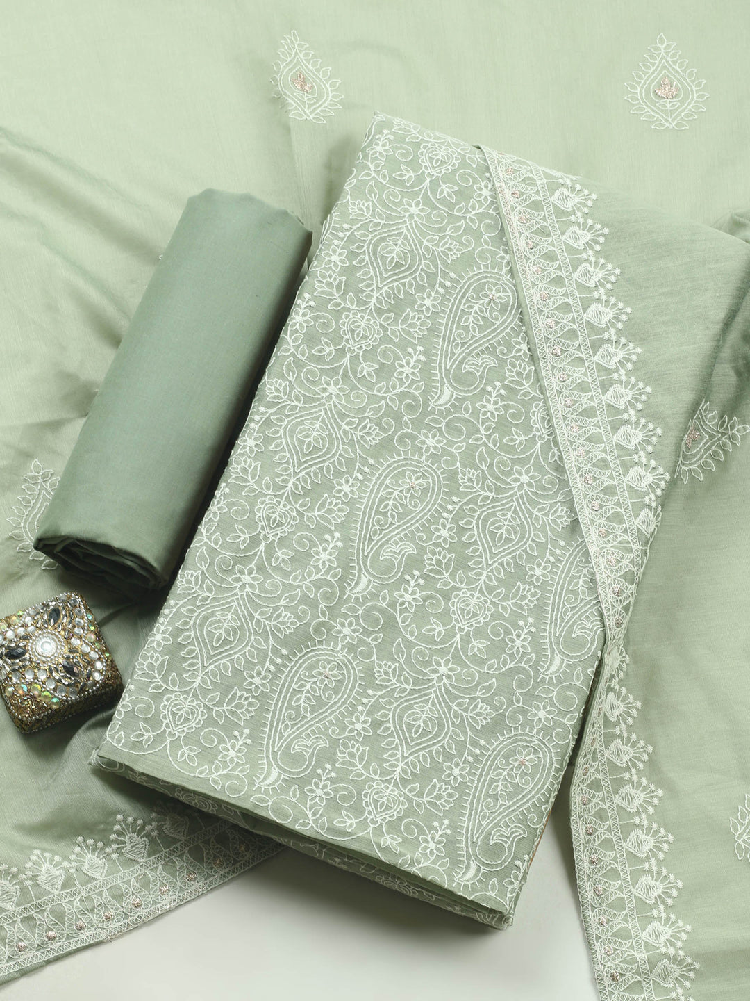 Aqua Green Embroidered Chanderi Unstitched Suit &amp; Pant With Cotton Dupatta