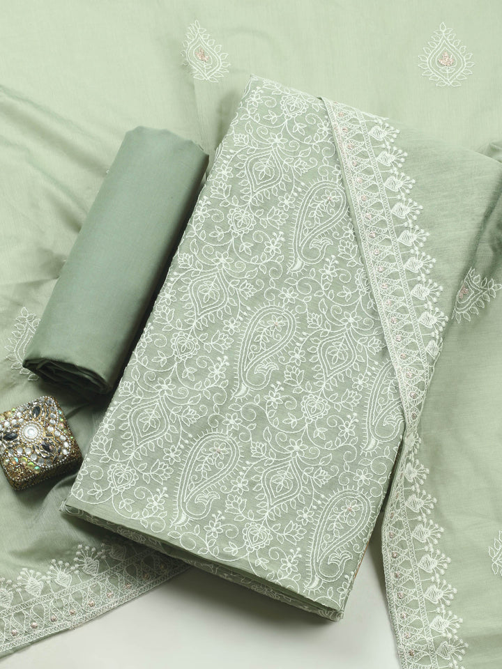 Aqua Green Embroidered Chanderi Unstitched Suit &amp; Pant With Cotton Dupatta