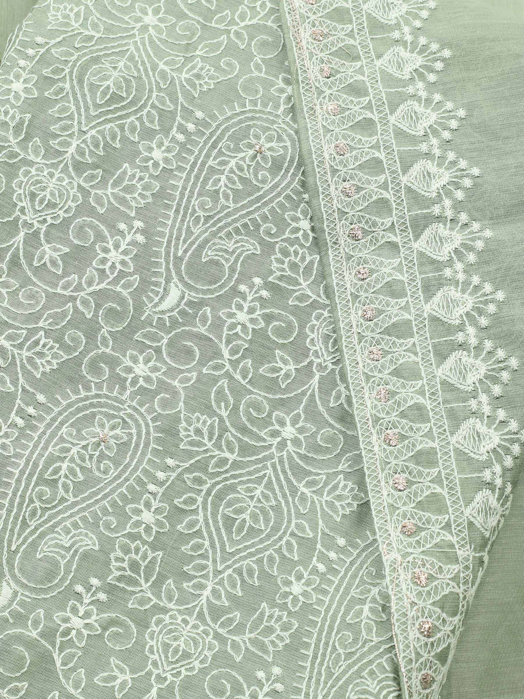 Aqua Green Embroidered Chanderi Unstitched Suit &amp; Pant With Cotton Dupatta