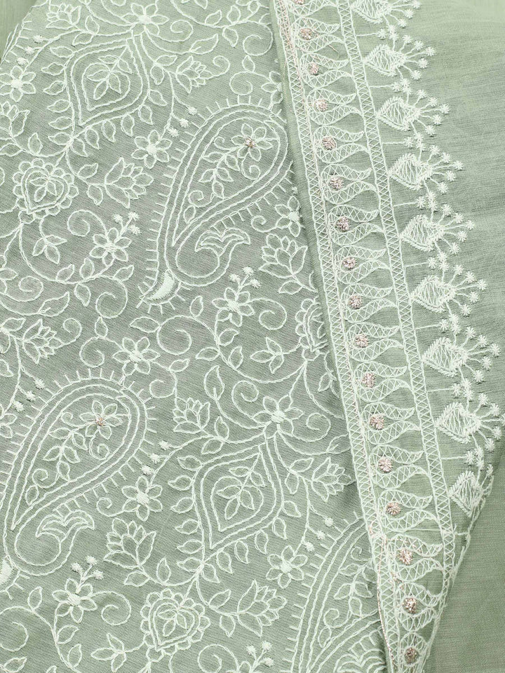 Aqua Green Embroidered Chanderi Unstitched Suit &amp; Pant With Cotton Dupatta