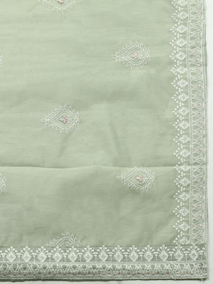Aqua Green Embroidered Chanderi Unstitched Suit &amp; Pant With Cotton Dupatta