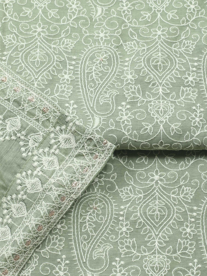Aqua Green Embroidered Chanderi Unstitched Suit &amp; Pant With Cotton Dupatta
