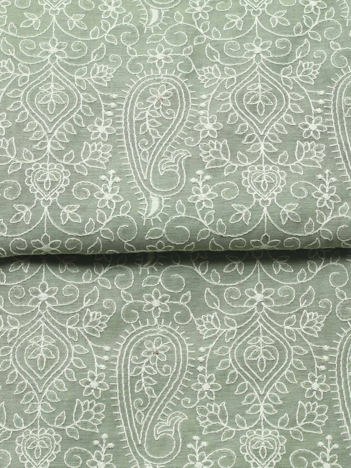 Aqua Green Embroidered Chanderi Unstitched Suit &amp; Pant With Cotton Dupatta