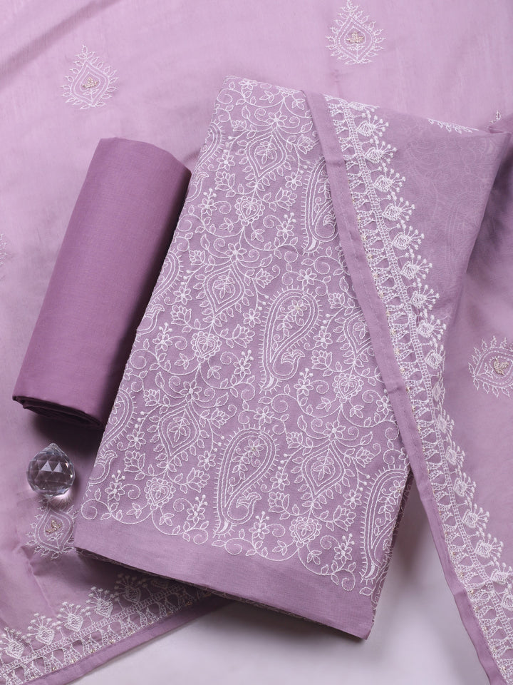 Mauve Embroidered Chanderi Unstitched Suit &amp; Pant With Cotton Dupatta
