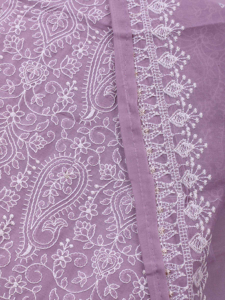 Mauve Embroidered Chanderi Unstitched Suit &amp; Pant With Cotton Dupatta