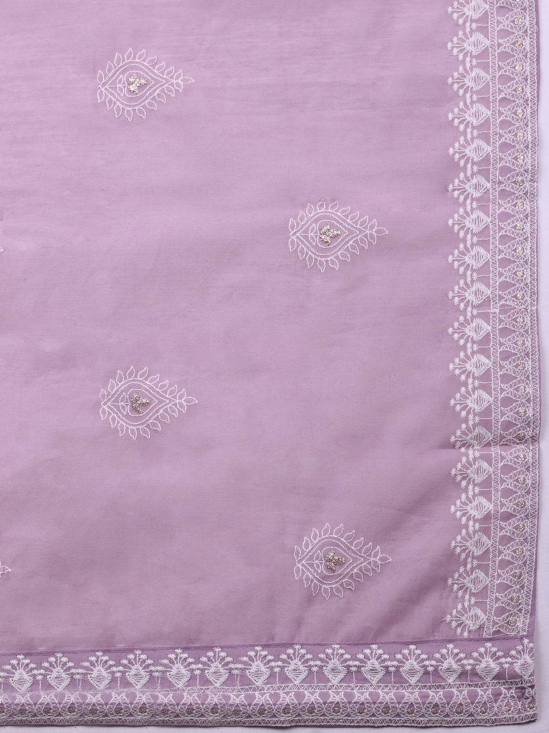 Mauve Embroidered Chanderi Unstitched Suit &amp; Pant With Cotton Dupatta