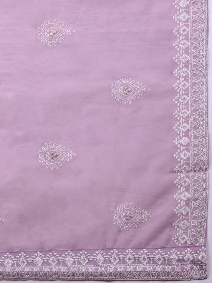 Mauve Embroidered Chanderi Unstitched Suit &amp; Pant With Cotton Dupatta