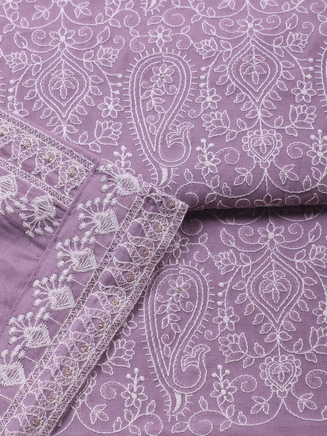 Mauve Embroidered Chanderi Unstitched Suit &amp; Pant With Cotton Dupatta