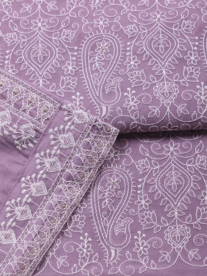 Mauve Embroidered Chanderi Unstitched Suit &amp; Pant With Cotton Dupatta