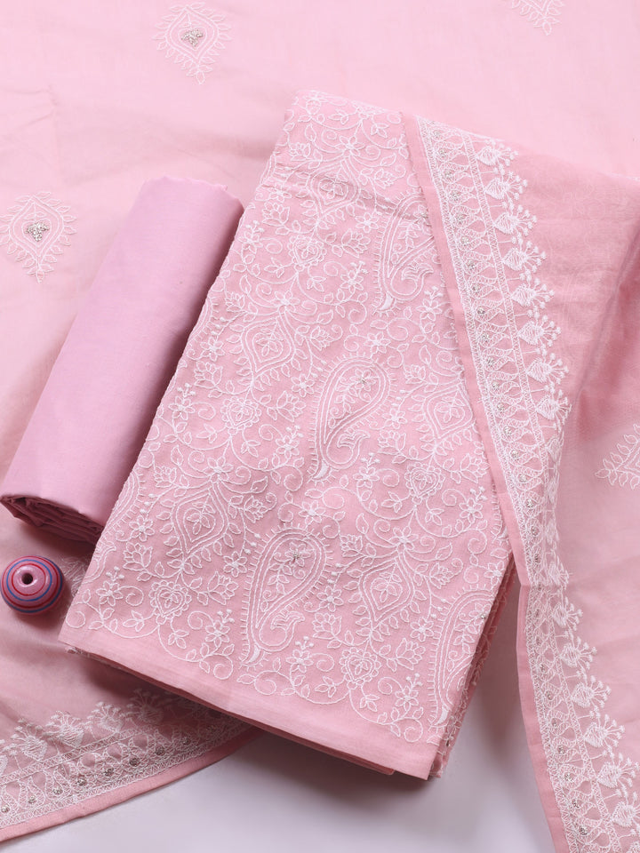 Pink Embroidered Chanderi Unstitched Suit &amp; Pant With Cotton Dupatta