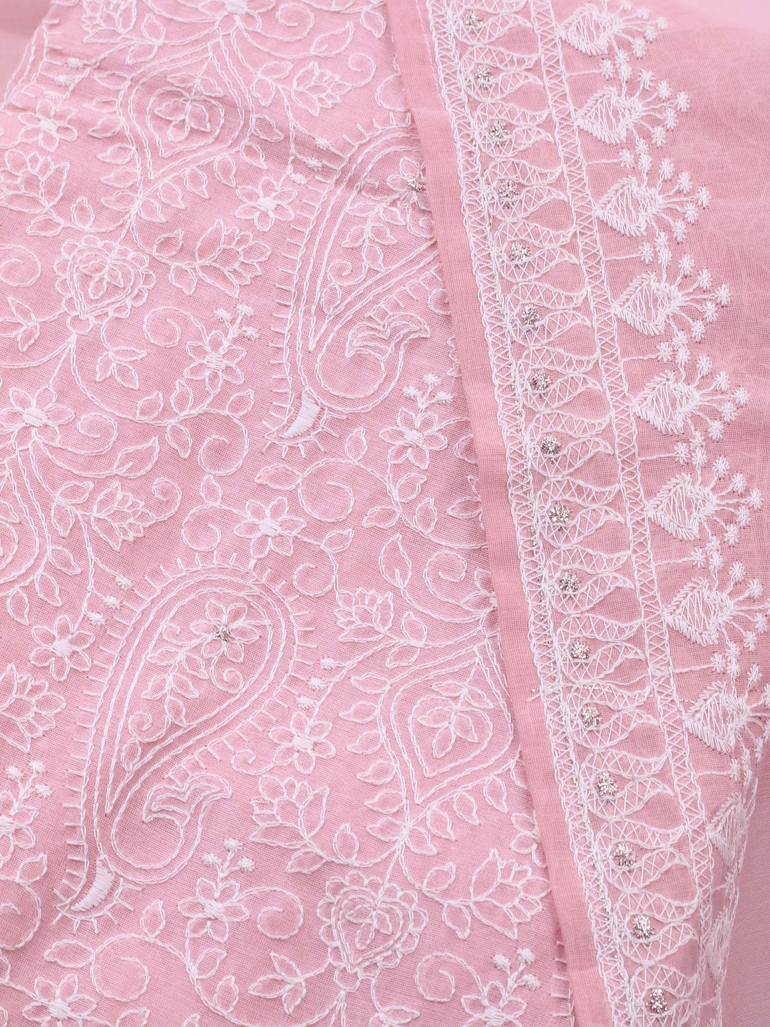 Pink Embroidered Chanderi Unstitched Suit &amp; Pant With Cotton Dupatta
