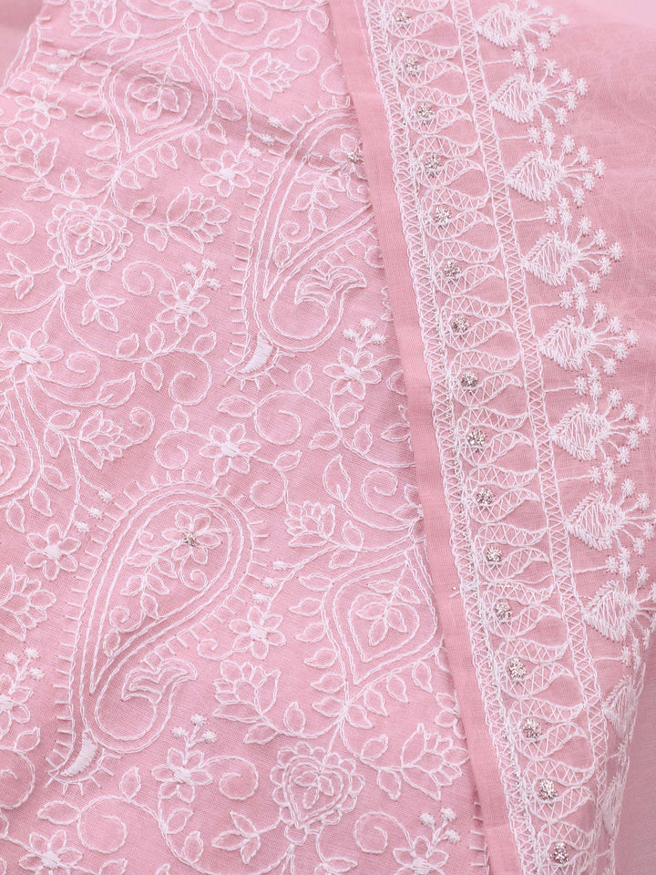 Pink Embroidered Chanderi Unstitched Suit &amp; Pant With Cotton Dupatta
