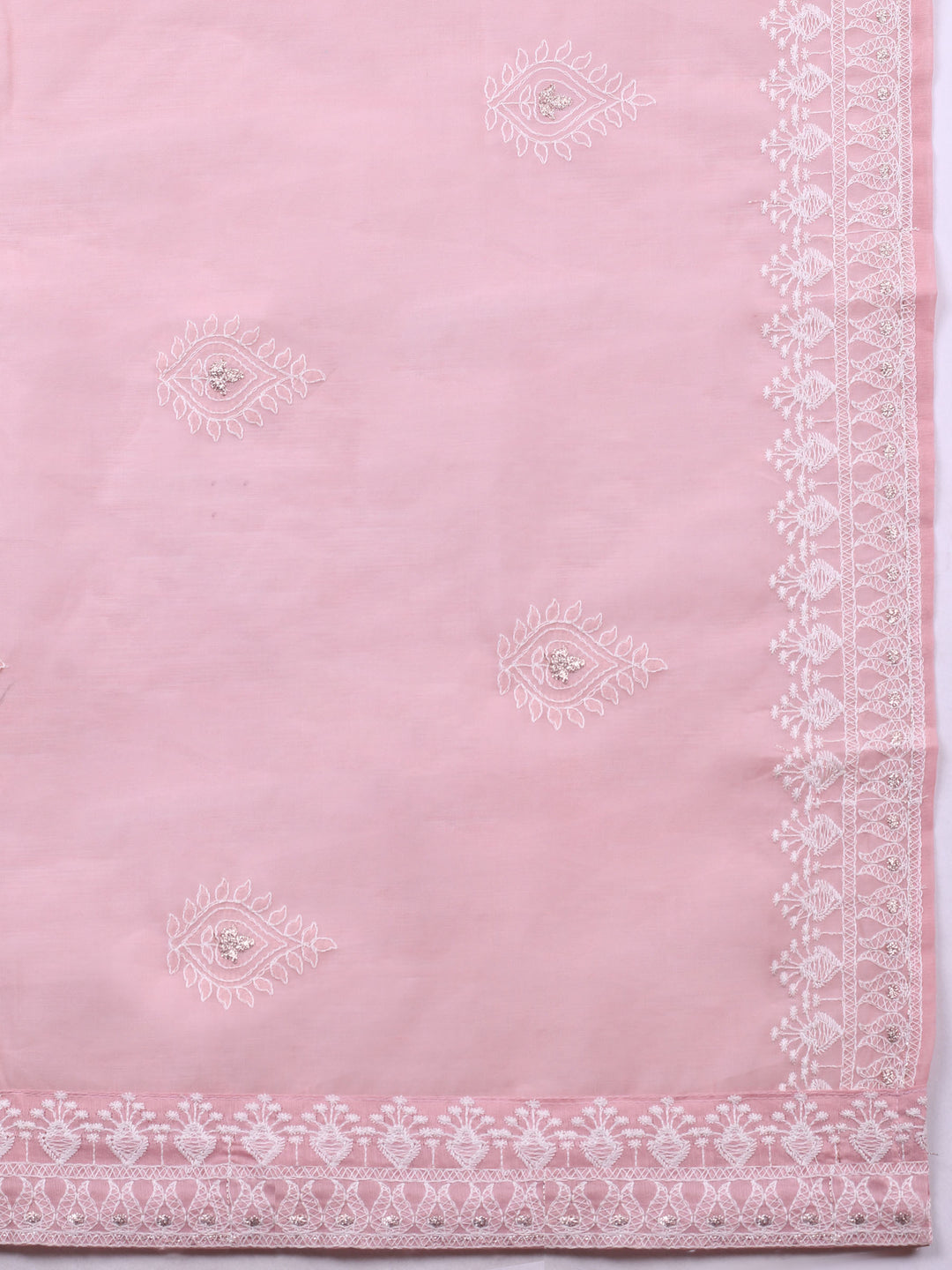 Pink Embroidered Chanderi Unstitched Suit &amp; Pant With Cotton Dupatta