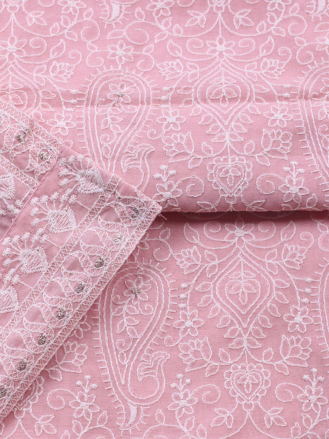 Pink Embroidered Chanderi Unstitched Suit &amp; Pant With Cotton Dupatta