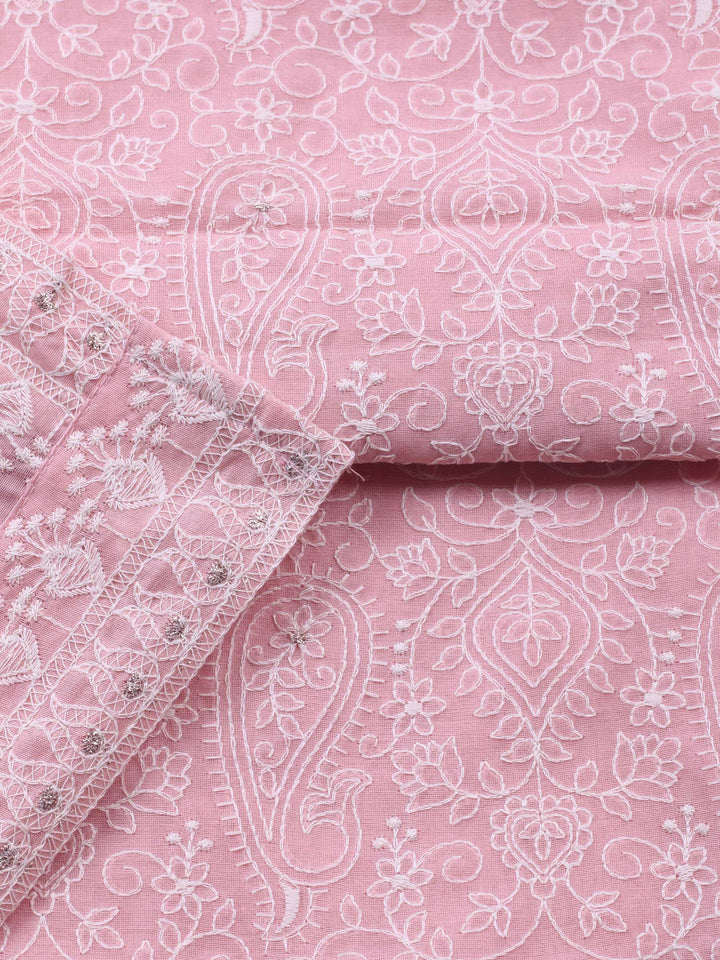 Pink Embroidered Chanderi Unstitched Suit &amp; Pant With Cotton Dupatta