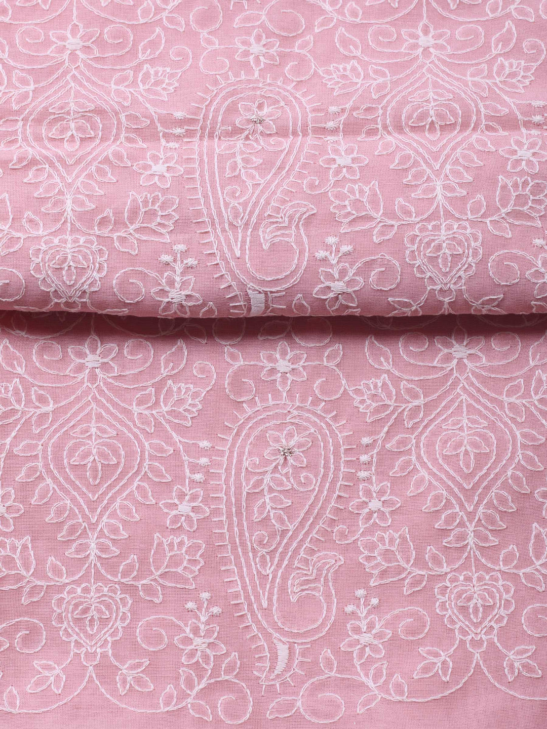 Pink Embroidered Chanderi Unstitched Suit &amp; Pant With Cotton Dupatta