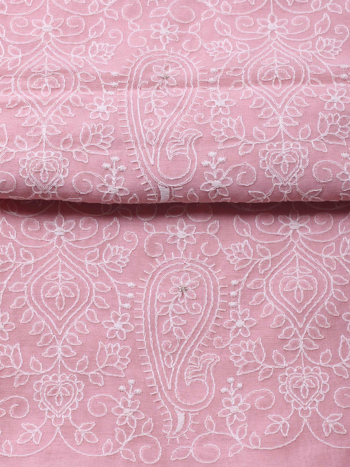 Pink Embroidered Chanderi Unstitched Suit &amp; Pant With Cotton Dupatta