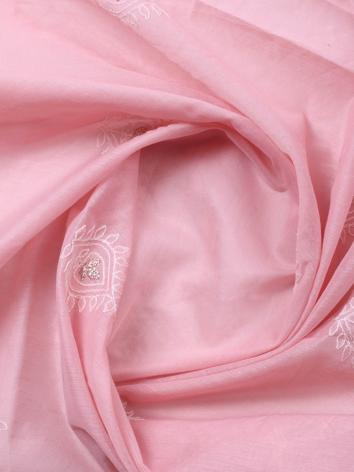 Pink Embroidered Chanderi Unstitched Suit &amp; Pant With Cotton Dupatta