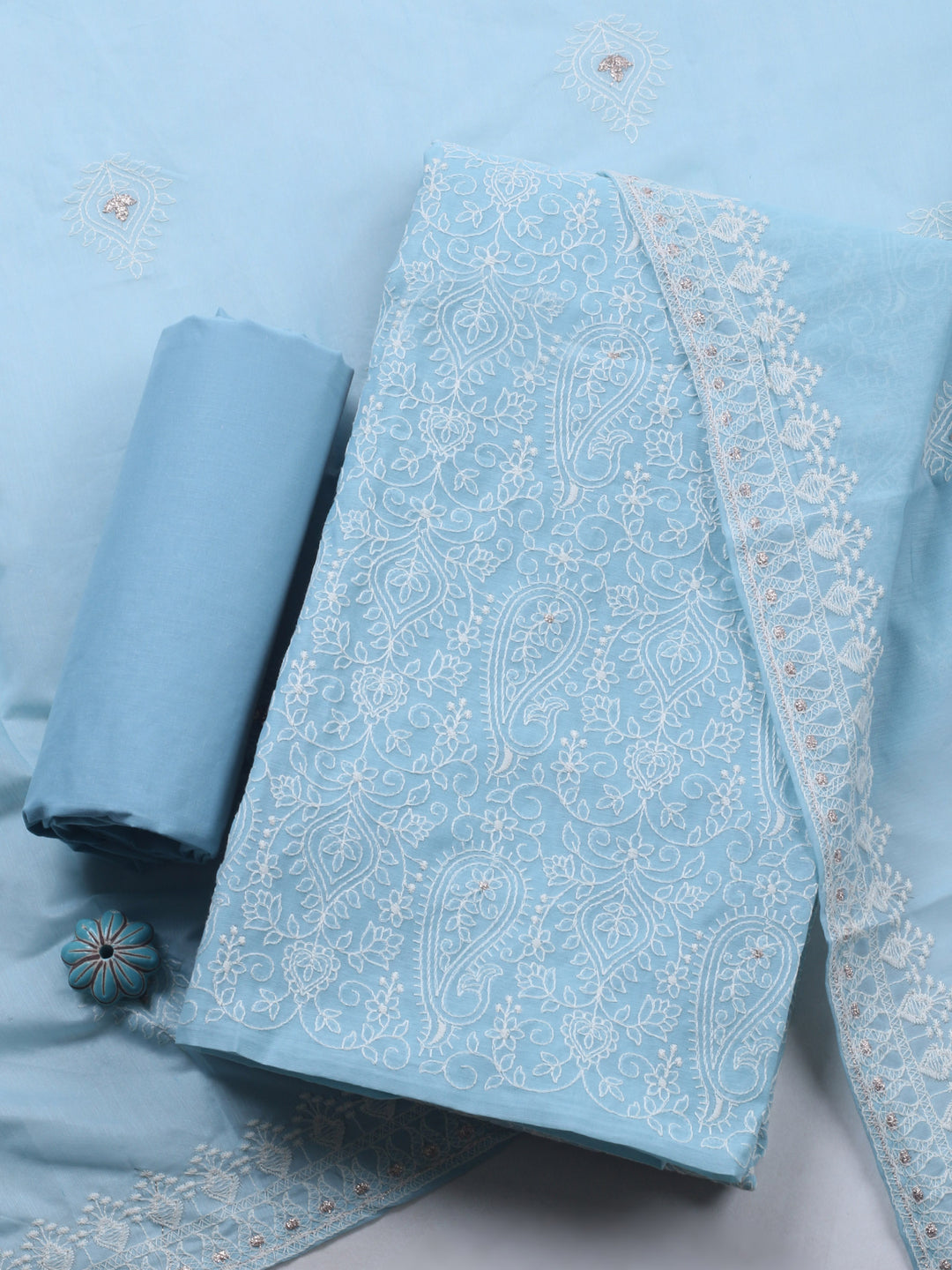 Sky Blue Embroidered Chanderi Unstitched Suit &amp; Pant With Cotton Dupatta