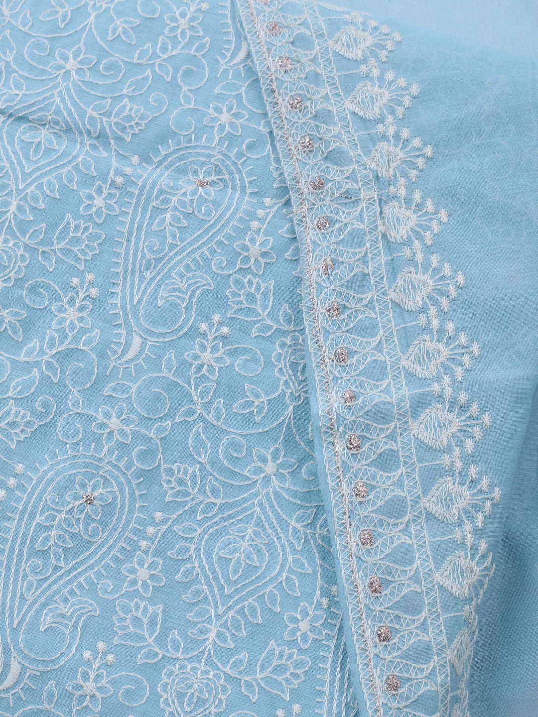 Sky Blue Embroidered Chanderi Unstitched Suit &amp; Pant With Cotton Dupatta